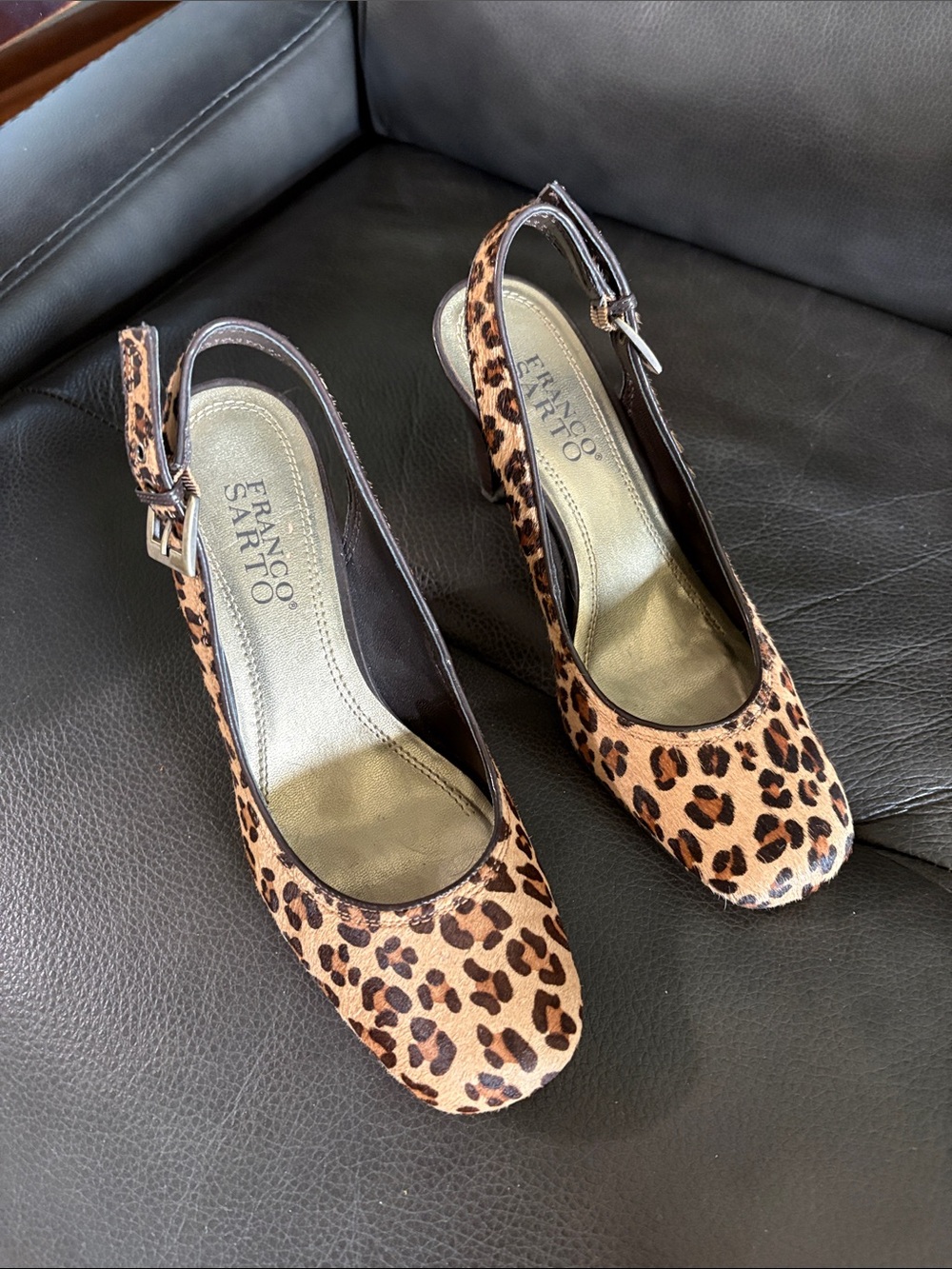 Franco Sarto Leopard Print Slingback Heels - Brown & Black